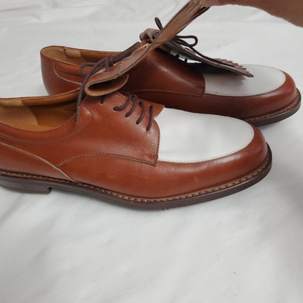 Salvatore Ferragamo SPORT Vintage Leather Kiltie Golf Shoes - Tan & White - Picture 11 of 12